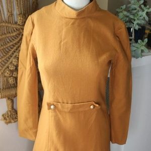 Vtg 1960's 1970's Gogo Mod Dress Retro Long Sleeve Zip Up Back Collar Caramel